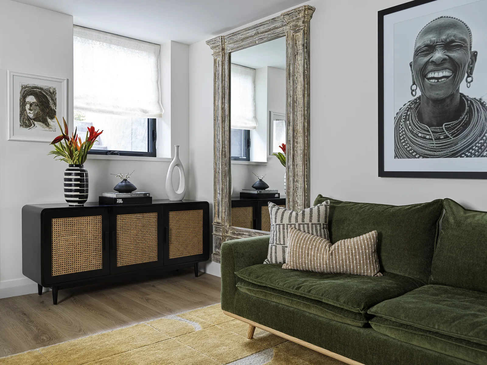 sbb-prj-67-herbert-002-living-room-with-green-velvet-sofa-and-rattan-sideboard